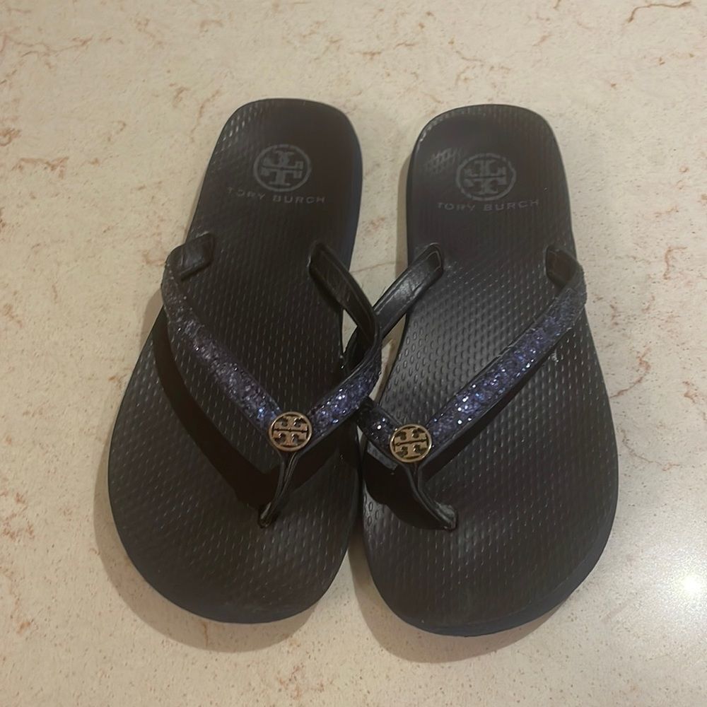 Tory Burch blue glitter flip flops SZ 7